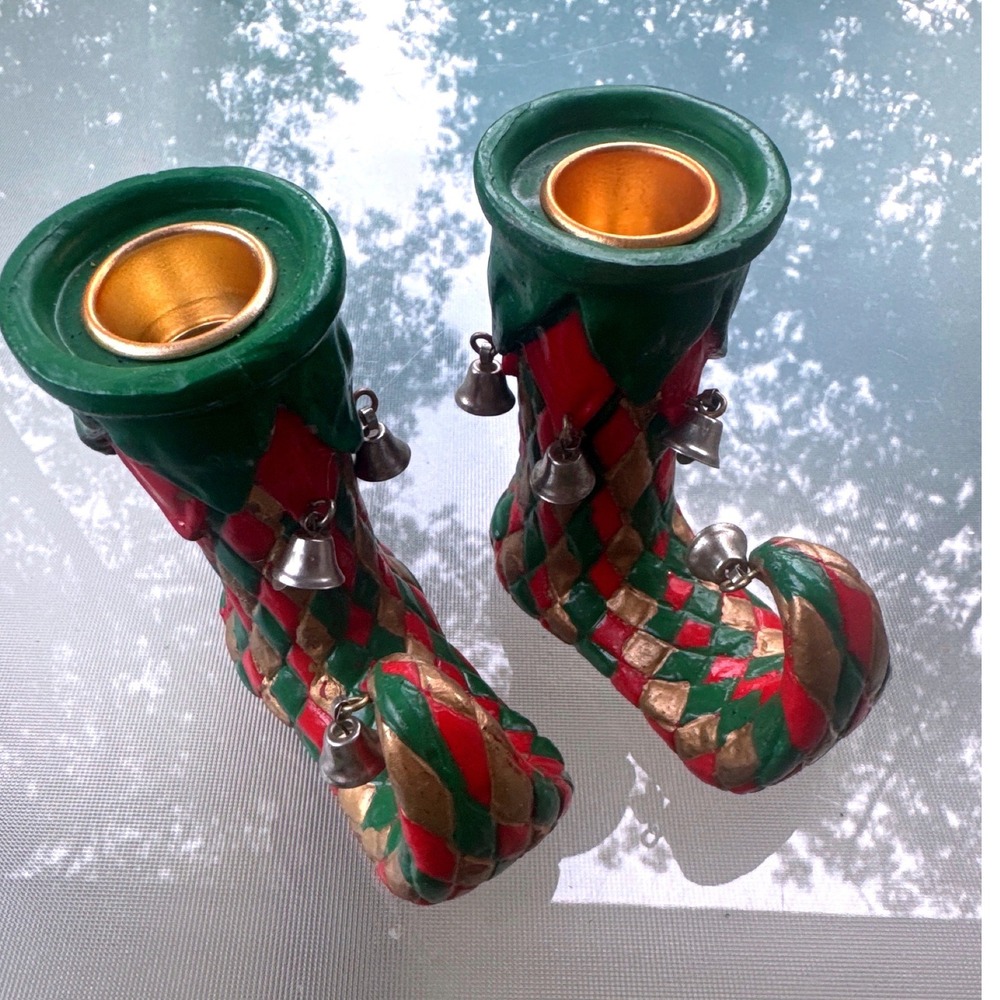 Oxford Products Elf Boot Candle Holder Set Red Green Gold Harlequin Bells Pair